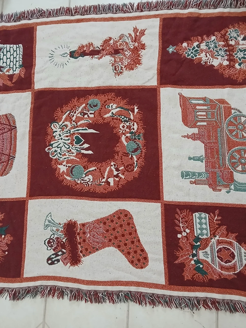 Vtg Crown Crafts Vintage Blanket Woven Cotton Fringe Train 55x42 Grandmacore